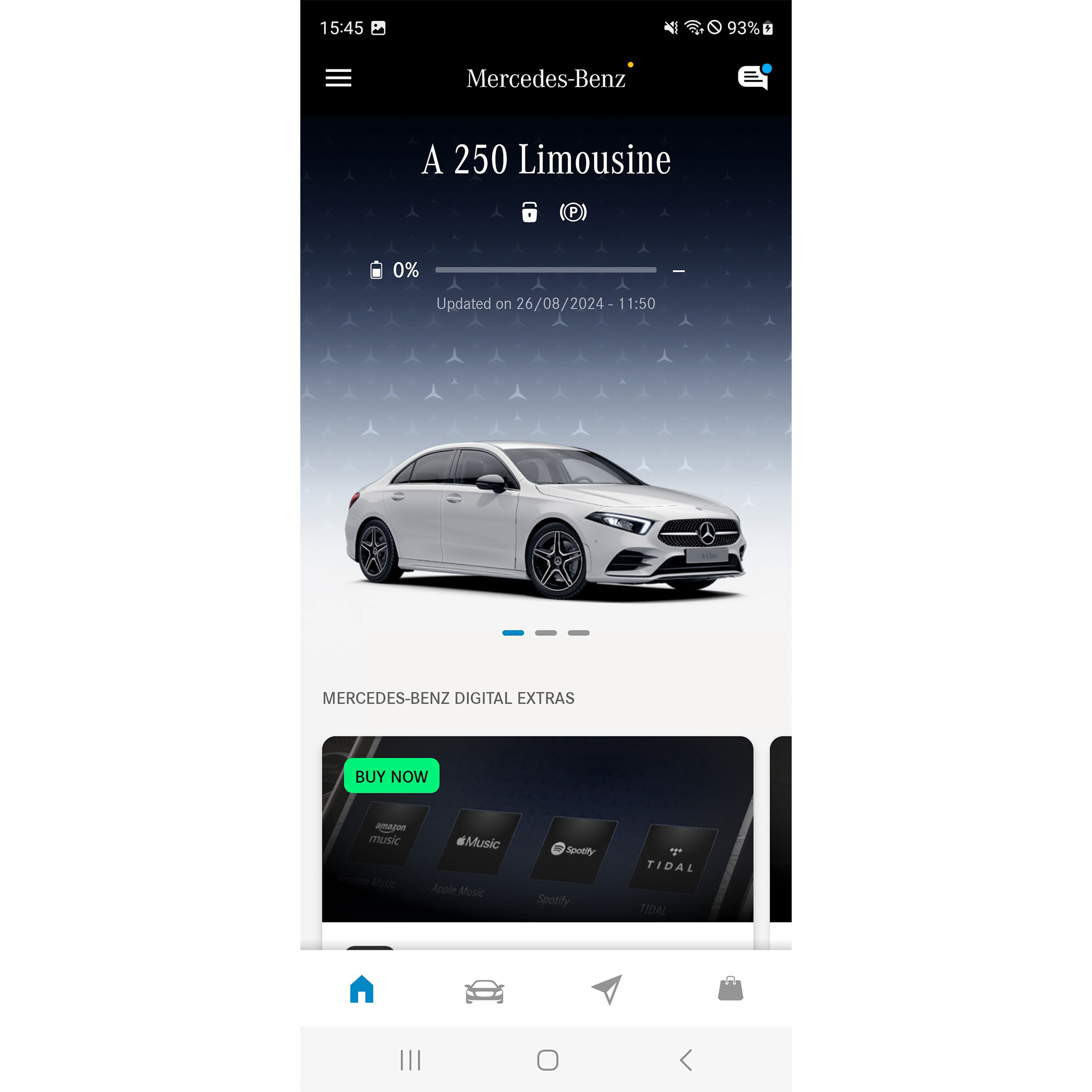Mercedes-Benz App | Apps | Mercedes-Benz The menu of the Mercede-Benz App displays the available functions of the Navigation, Remote and GUARD 360˚ Digital Extras on a smartphone.