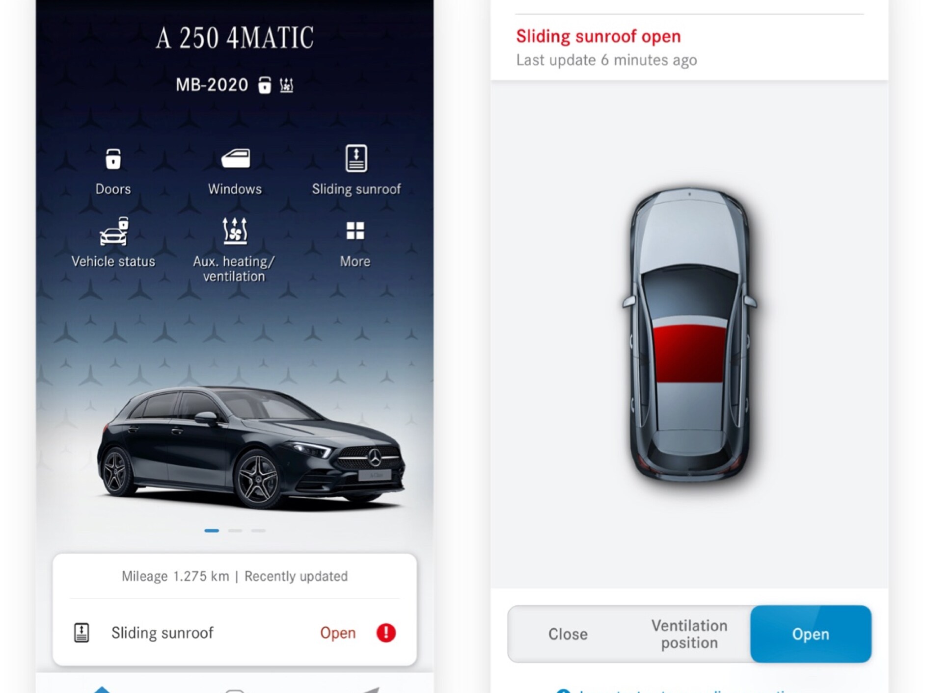 Trên smartphone, các màn hình khác nhau sẽ hiển thị khi tính năng bổ sung kỹ thuật số Điều khiển cửa sổ và cửa số trời từ xa phát hiện cửa sổ trời chưa được khóa lại.