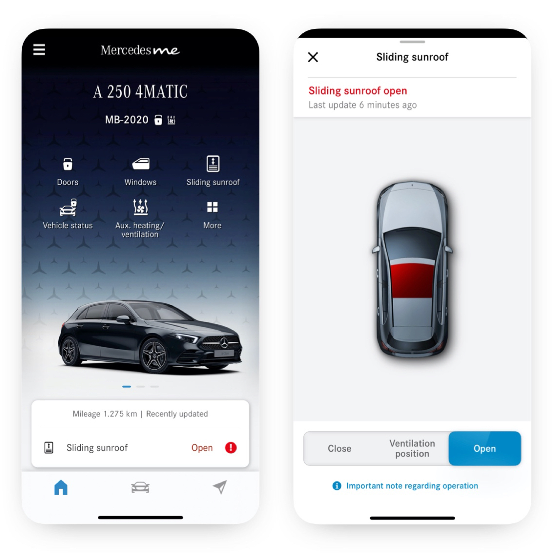 Điều khiển cửa sổ và cửa sổ trời từ xa | Gói trang bị Excellence | Mercedes-Benz Trên smartphone, các màn hình khác nhau sẽ hiển thị khi tính năng bổ sung kỹ thuật số Điều khiển cửa sổ và cửa số trời từ xa phát hiện cửa sổ trời chưa được khóa lại.