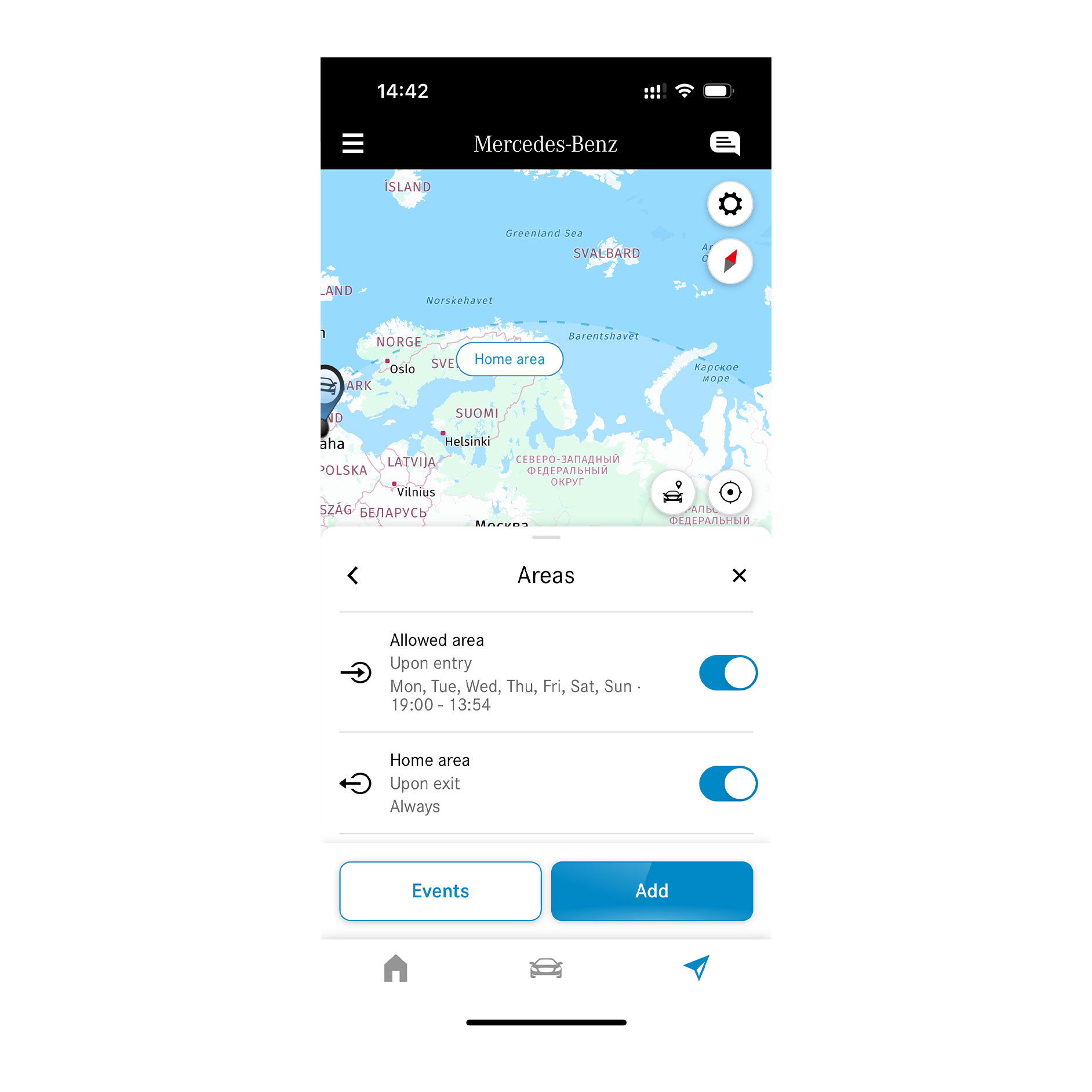 Khoanh vùng địa lý | Từ xa | Mercedes-Benz Nhờ tính năng bổ sung kỹ thuật số Khoanh vùng địa lý, smartphone cho biết liệu phương tiện đang di chuyển bên trong hay bên ngoài khu vực mà bạn đã chọn.