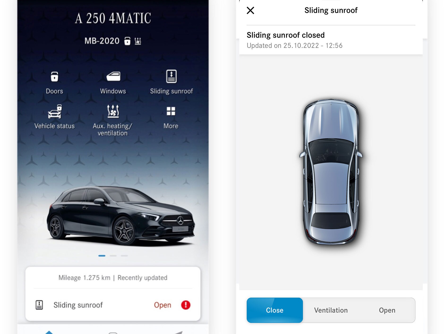 A smartphone shows the various screens that are displayed when the Remote Window and Sunroof Control Digital Extra determines that the sunroof is not closed.