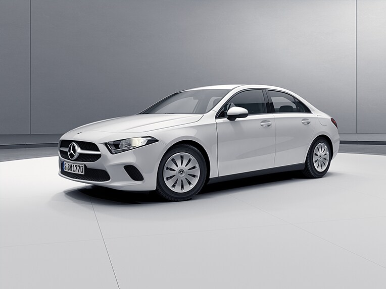The image shows the standard exterior equipment of the Mercedes-Benz A-Class Saloon