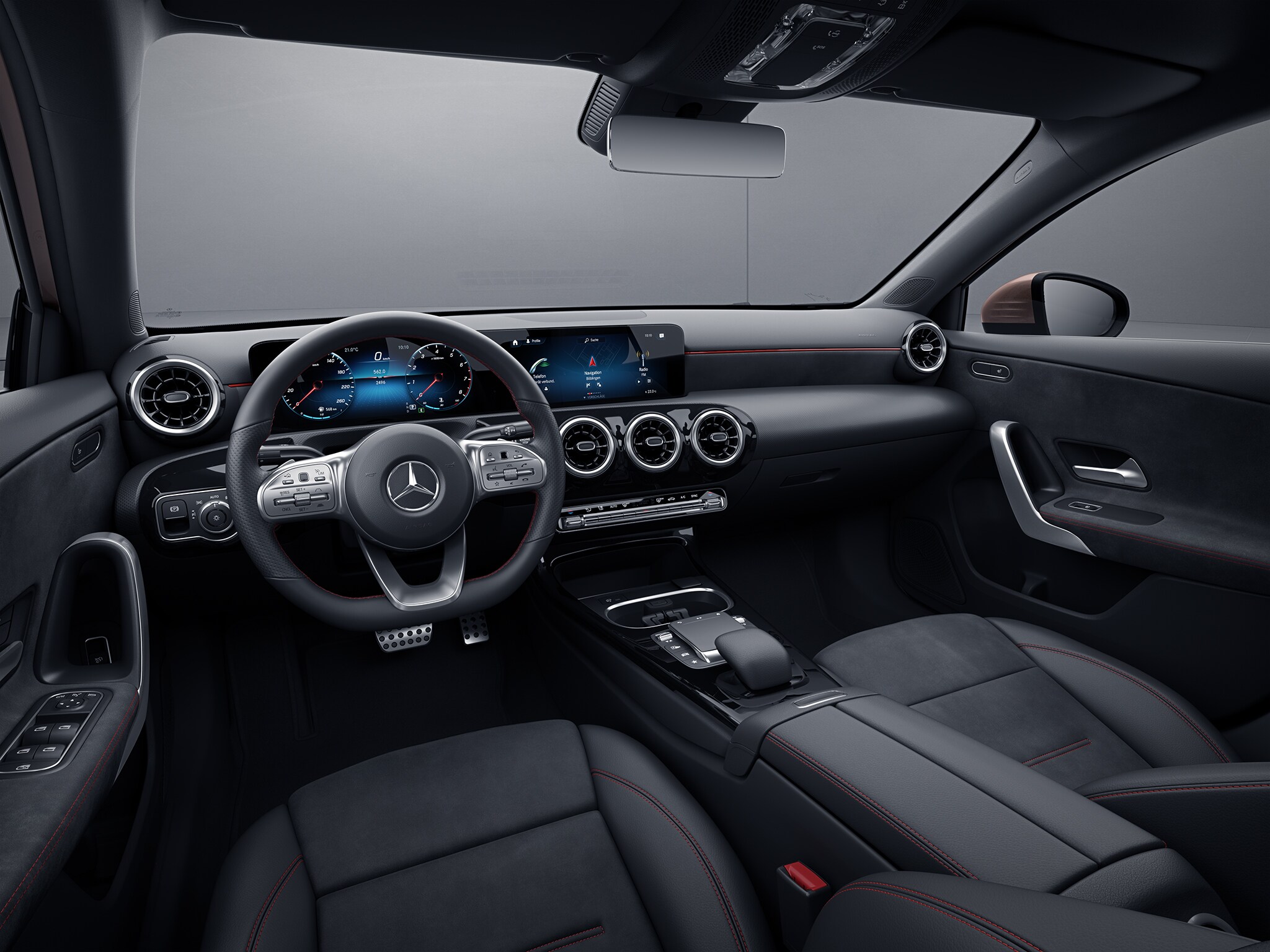 The image shows the interior of the A-Class Saloon with the AMG Line design and equipment line.