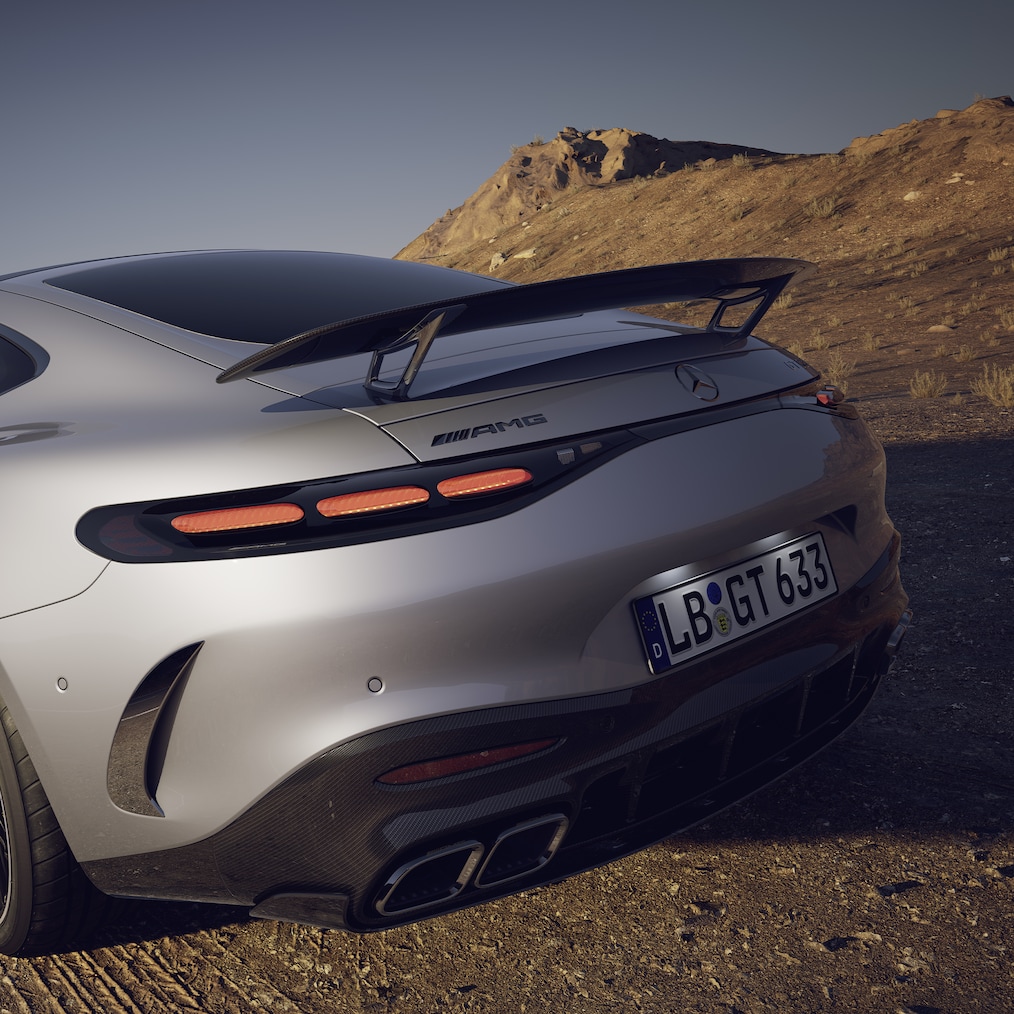 Rear view of the exterior of the Mercedes-AMG GT 63 Coupé.