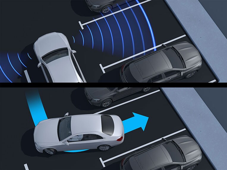 Hình ảnh đồ họa chức năng của hệ thống đậu xe chủ động với PARKTRONIC cho xe EQB của Mercedes-Benz.