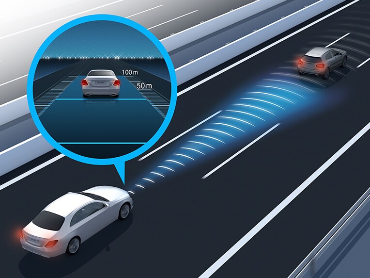 An illustration showing the Active Distance Assist DISTRONIC.