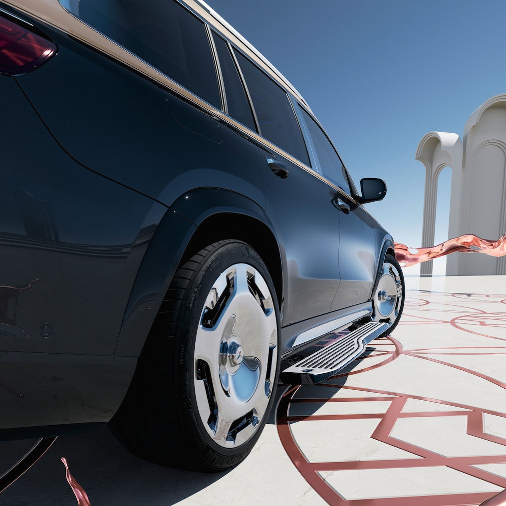 Vertical view from above of the Mercedes-Maybach GLS 600 with doors open and running boards extended.