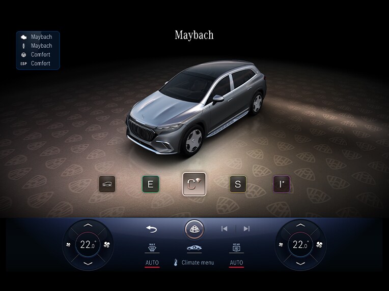 Màn hiển thị trung tâm trong nội thất xe Mercedes-Maybach EQS SUV hiển thị chế độ lái MAYBACH.