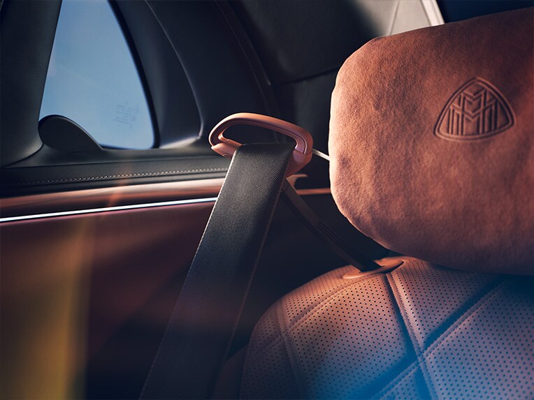 Seat belt feeders in the rear of the Mercedes Maybach S-Class.