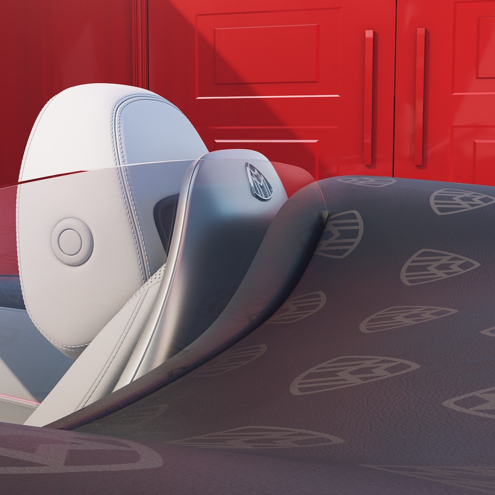 Góc nhìn phía sau bên hông của tựa đầu với tựa lưng cao cấp và huy hiệu MAYBACH.