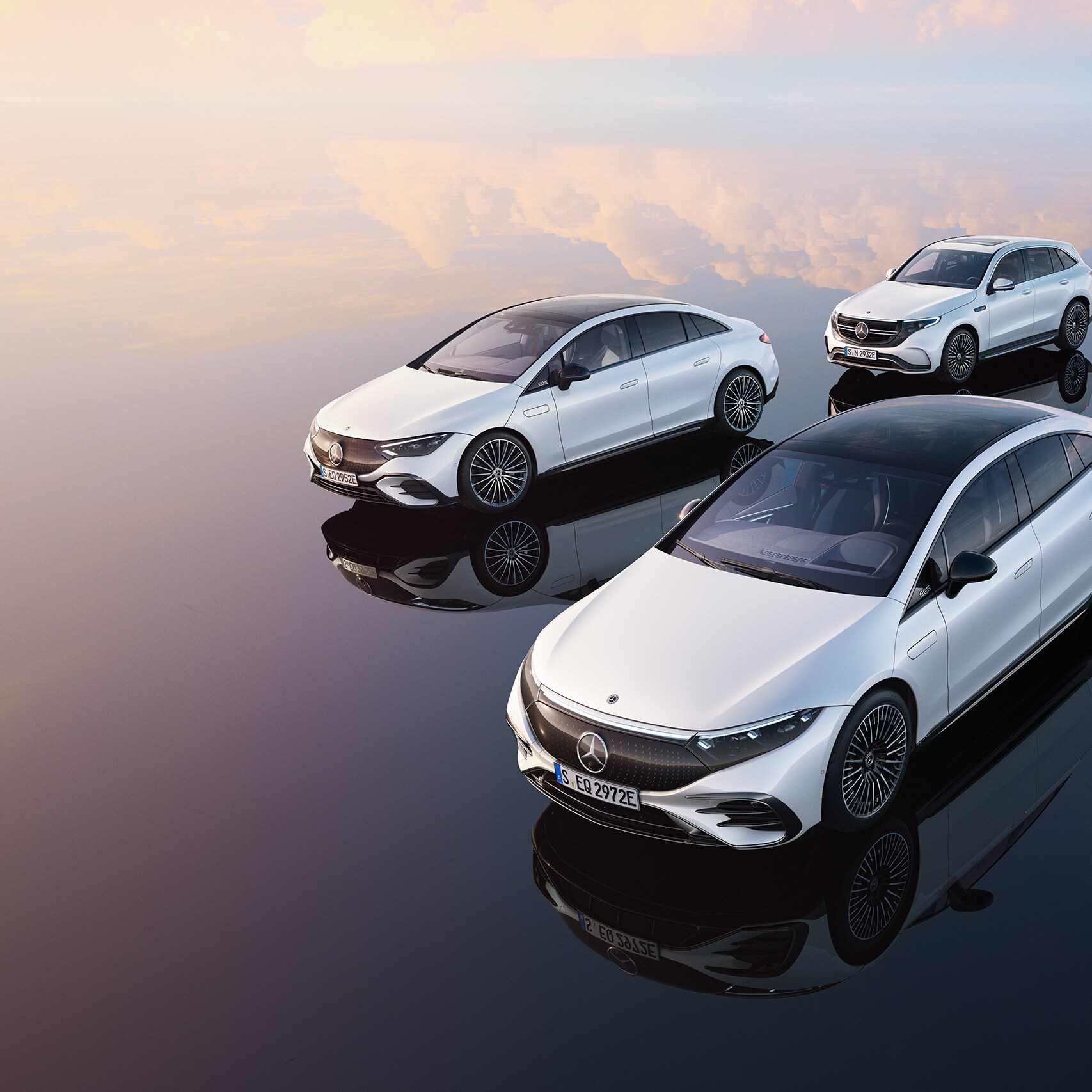 Front view of fully electric vehicles by Mercedes-Benz.