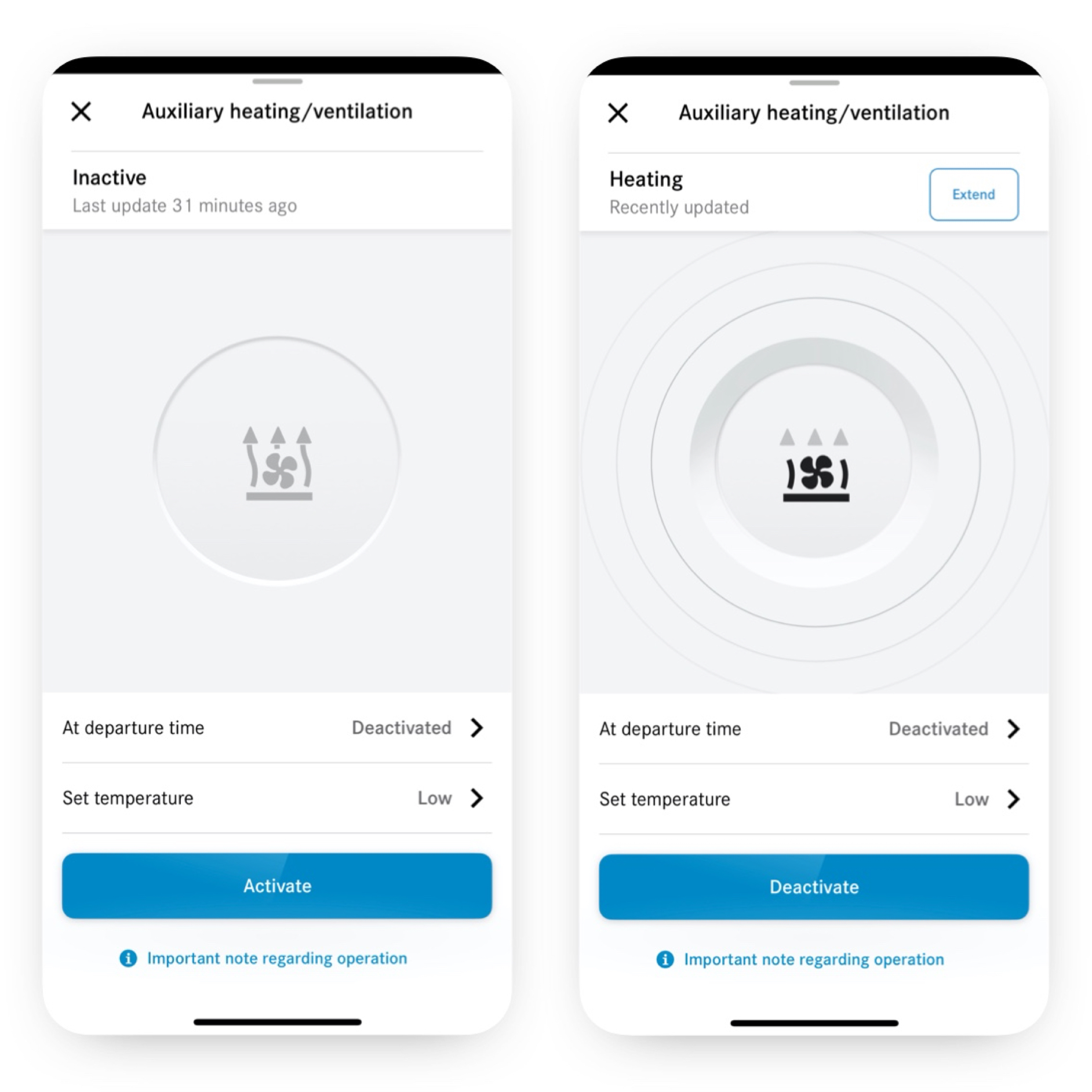Auxiliary Heating / Ventilation | Remote | Mercedes-Benz The climate control system is set using the Auxiliary Heating / Ventilation Digital Extra on a smartphone.