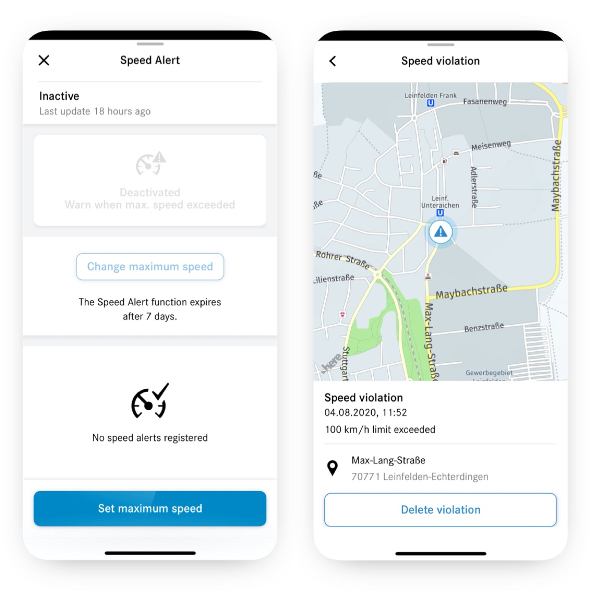 Speedfencing | Remote | Mercedes-Benz You can see the different screens that appear on a smartphone when the Speedfencing Digital Extra is activated and detects an infringement.