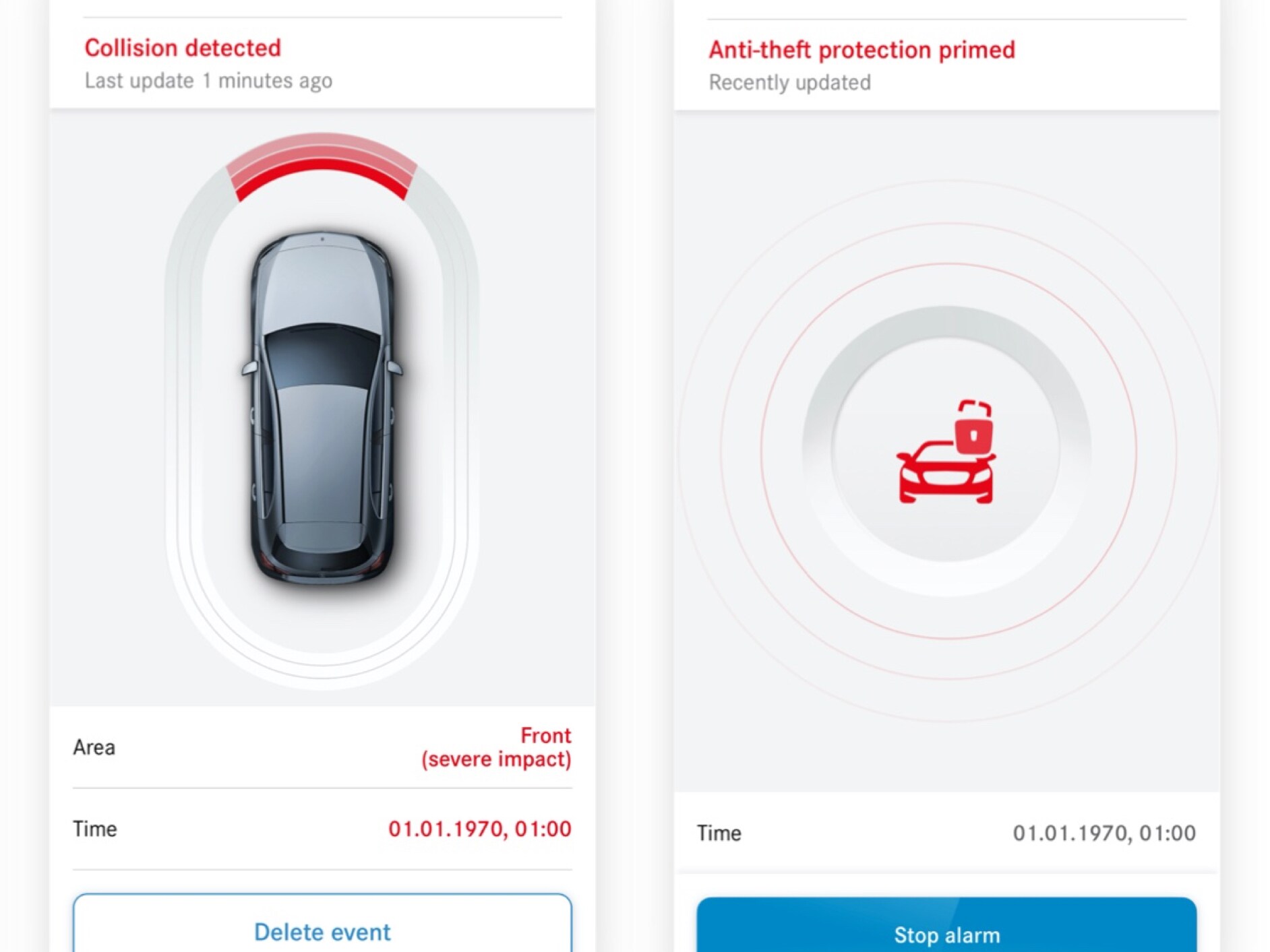 The Theft Notification and Collision Detection Digital Extra on a smartphone indicates that a collision has occurred.