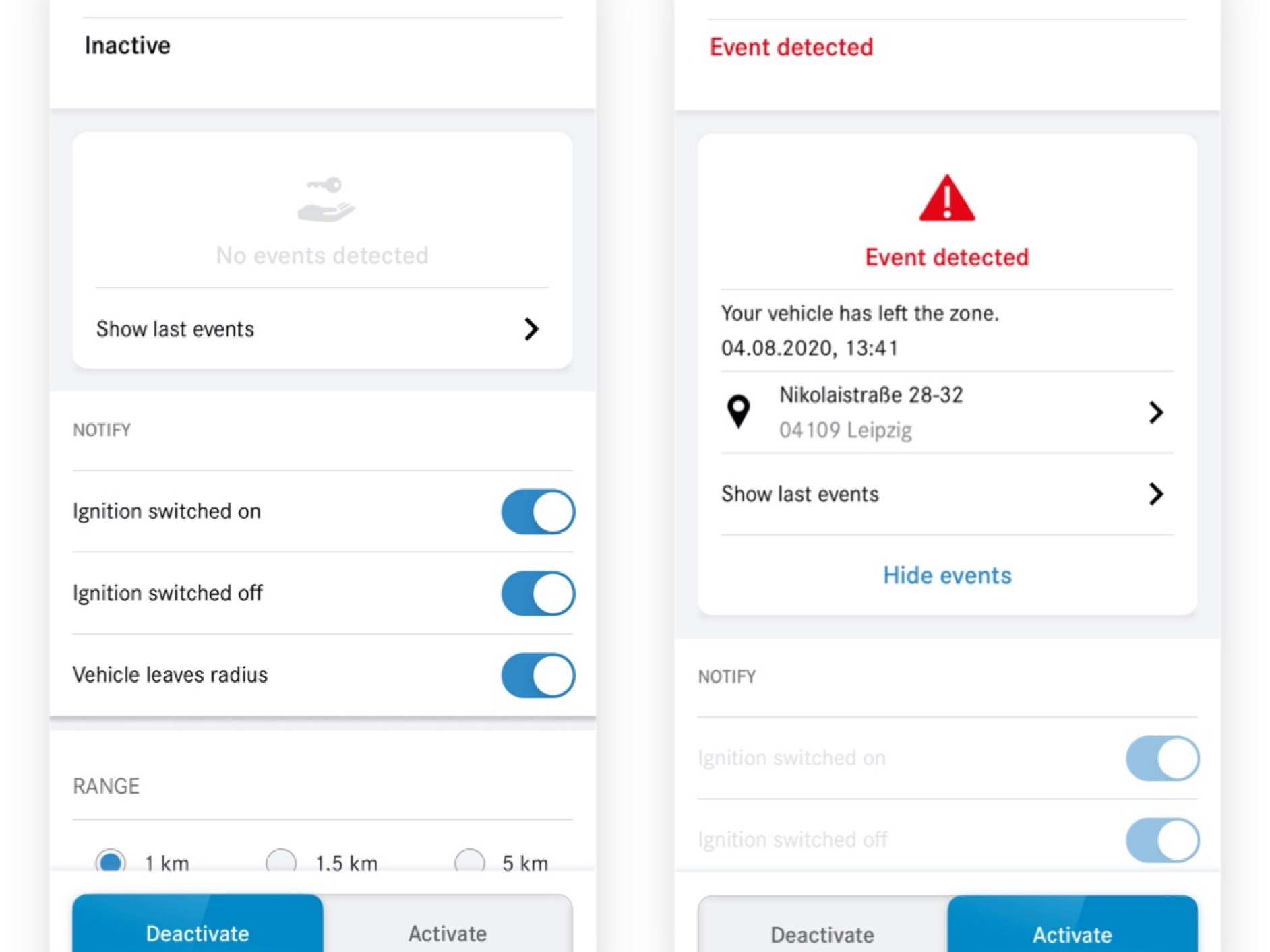 You can see here on a smartphone the different screens that appear when the Valet Protect Digital Extra detects an infringement.