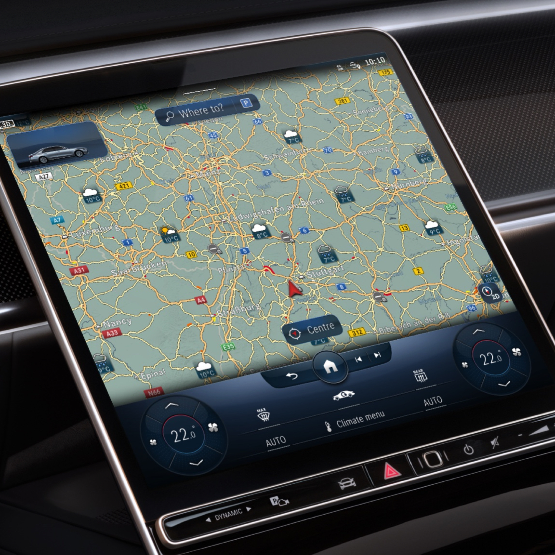 Bản đồ thời tiết | Gói trang bị Excellence | Mercedes-Benz Nhờ có tính năng bổ sung kỹ thuật số “Bản đồ thời tiết”, tình hình thời tiết dự kiến tại đích đến sẽ được trình bày trên màn hiển thị của hệ thống đa phương tiện MBUX.