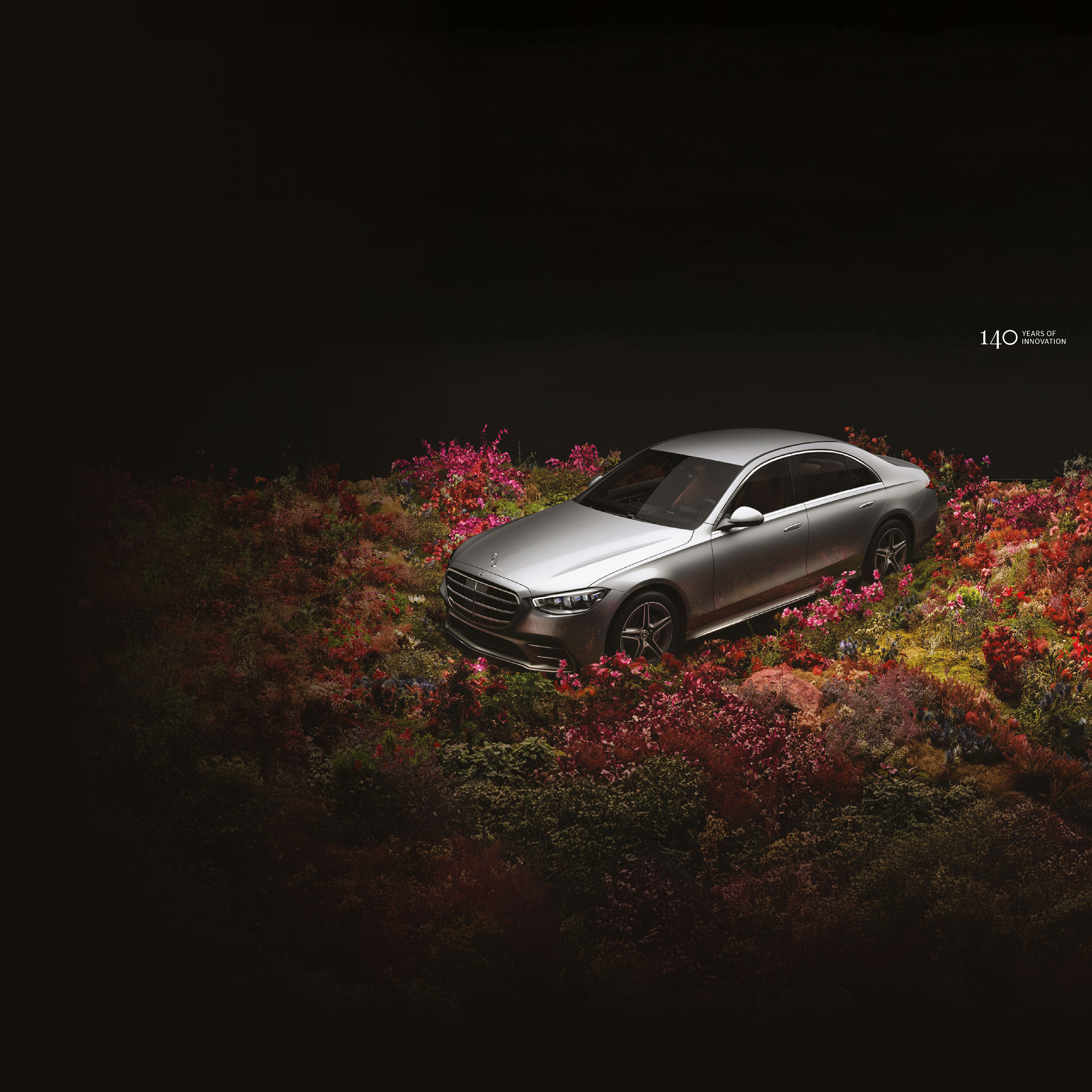 Công nghệ | Mercedes-Benz Một chiếc Mercedes-Benz S-Class trên cánh đồng hoa.