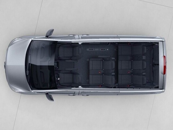 The Vito Tourer Extra Long with seating layout 2-seater bench seat 1st row, 3-seater bench seat 2nd row.