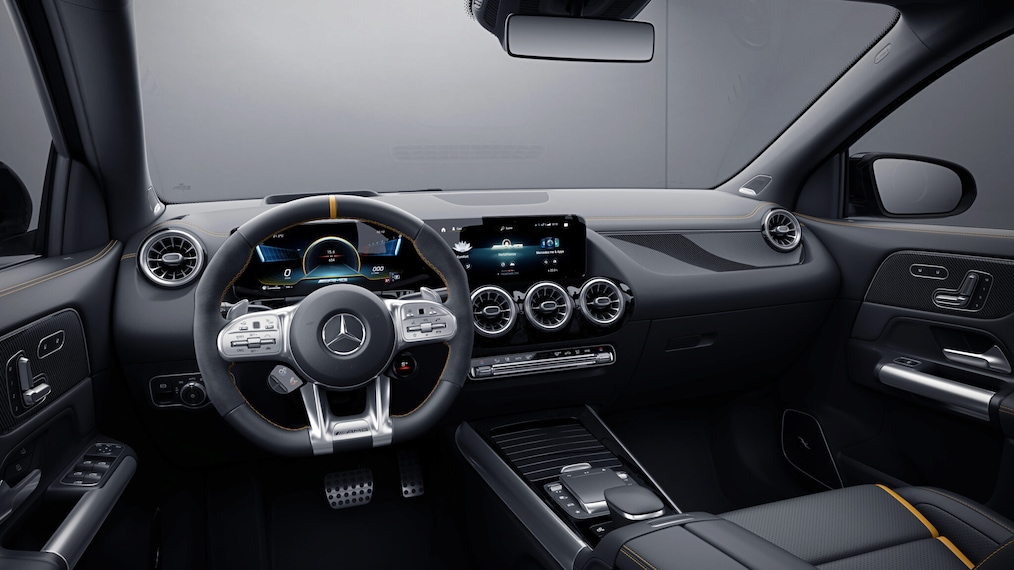 The Mercedes-AMG GLA Interior with AMG Performance seats and AMG Performance steering wheel.